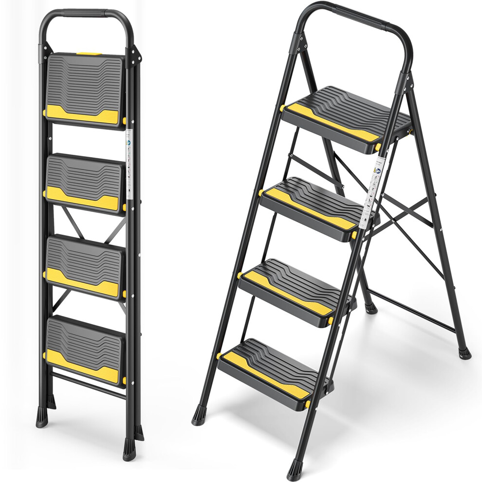 Urackify 4 Step Ladder, Heavy-Duty 150Kg Capacity, Wide Anti-Slip Steps & Secure Handrail Compact, Folding Step Stool Portable Design For Home, Kitch 4193200343155