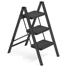 SONGMICS Step Ladder, Folding Step Stool, 3-Step Foldable Ladder, Holds up to 150 kg, Steel, Heavy-Duty, Easy Storage for Home and Office, 73.5 x 43.