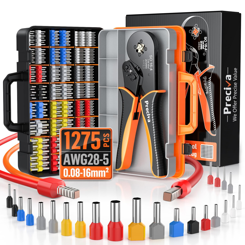 Preciva Wire Crimping Tool Kit,0.08-16Mmâ² With 1275 Ferrules(265 Double Terminals), Ratchet Crimper Tool With Box, Ergonomic Wire Crimping Tool,Wire 5415908792110