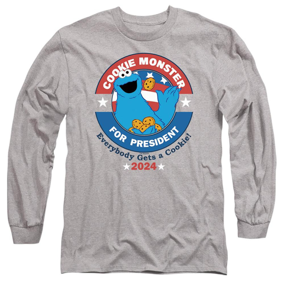 Sesame Street (Xxl, Athletic Heather) Unisex Adult Cookie For President Long-Sleeved T-Shirt Multicoloured