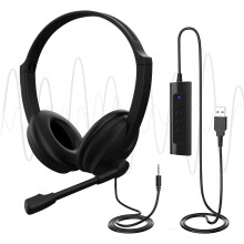 USB Headset with Microphone for PC Laptop, Adjustable Noise Cancelling Business Office Headsets, 2.5M Length Headphones with In-Line Control