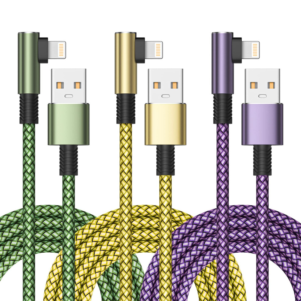 3Pack 2M Iphone Charger Cable, Right Angle Iphone Charging Cable Mfi Certified Lightning Cable Nylon Iphone Lead Usb Fast Charging Cable For Iphone 1 3151719493380