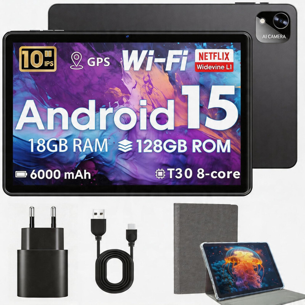 Hasskya Android Tablet 10 Inch, Tablets With Case, 18Gb+128Gb, 1Tb Expand, Widevine L1 Compatible Octa-Core Tablet With Wifi 5, 6000Mah, T30 Cpu, Hig 5045799798405