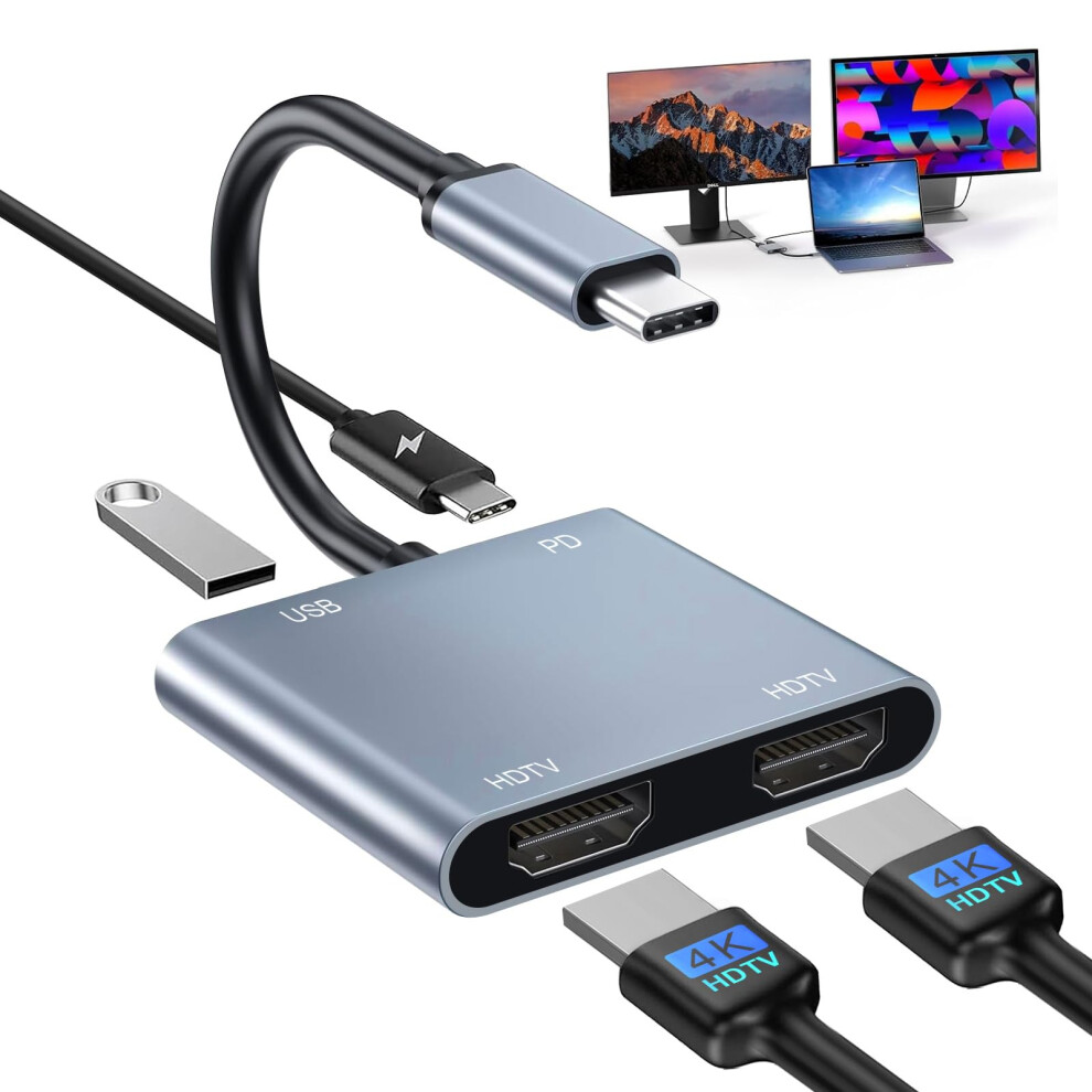 Usb C To Dual Hdmi Adapter, 4 In 1 Hdmi Splitter For Dual Monitors 4K, Usb 2.0, Pd 100W, Type C To Dual Monitors Adapter Multiport, Usb C Hub 4K@60Hz 4136718365844