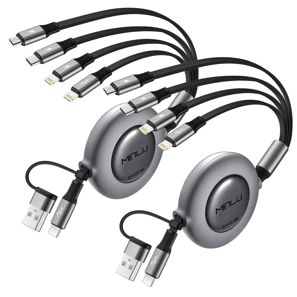 Minlu Multi Charger Cable, 6 In 1 Retractable Charging Cable [2Pack 1.2M] Usb Charging Cable With Lightning/Type-C/Micro, Retractable Usb Cable For I 6962044194333
