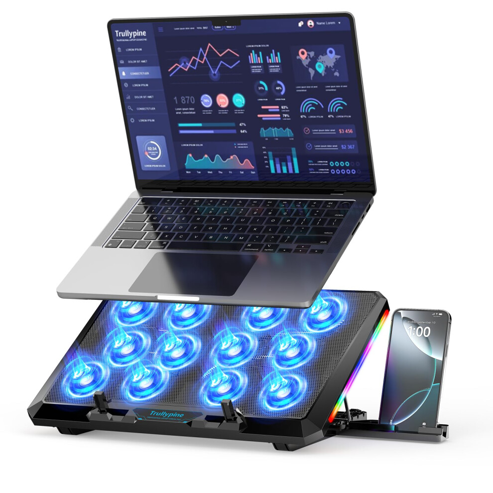 Trullypine Laptop Cooling Pad, 12 Quiet Fans, Slim Portable For 12-17.3 Inch Laptop Cooler Stand, 5 Height Adjustable, Ergonomic Gaming Cooling Fan P 5008412713988