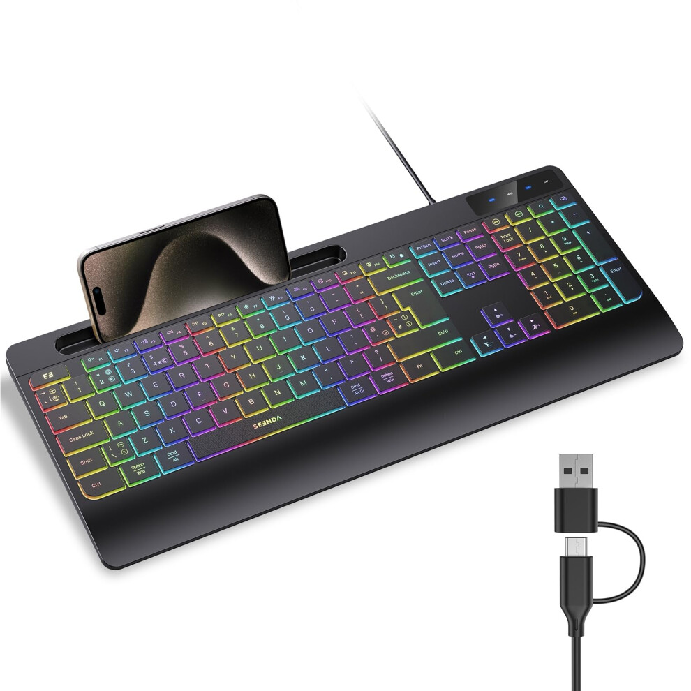 Seenda Koe200 Wired Quiet Backlit Keyboard, Rgb Backlight With Phone Holder And Palm Rest, Compatible With Windows And Macos, 2-In-1 Usb & Usb-C Conn 5009147227344