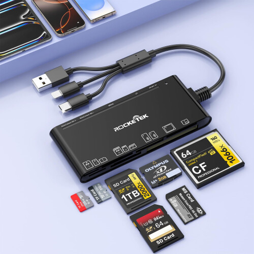 7 in 3 USB C + USB 3.0 + Lightning Multi Card Reader Adapter for SD, CF, Micro SD, XD, MS Cards, 5Gbps Memory Card Reader SD Card Reader Reader Adapt