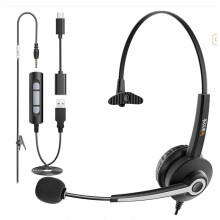 Wantek Single Ear Wired Headset with Noise Cancelling Mic - 3-in-1 (3.5mm/Type-C/USB) - Lightweight for Office, Call Center, Business Chat, Laptop &