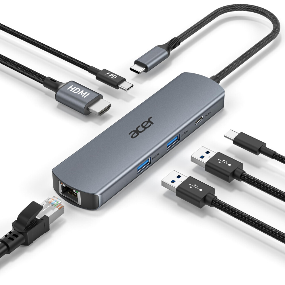 Acer Usb C Hub With 1000Mbps Ethernet, 4K@60Hz Hdmi, 1Usb-C 5Gbps, 2Usb-A 3.0, Type-C 100W Pd, Multiport Docking Station For Iphone 17/16, Macbook