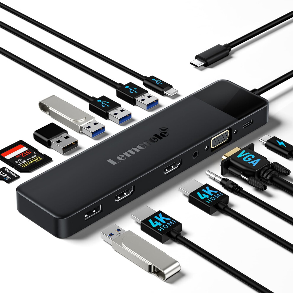 Lemorele 13 In 1 Usb C Docking Station Dual Monitor, Dock Hub Multiport Adapter Triple Monitor To 2 Hdmi 4K,Vga,5 3.0/2.0,Usb 3.0,Pd,Sd/Tf,3.5Mm For 9160134697383