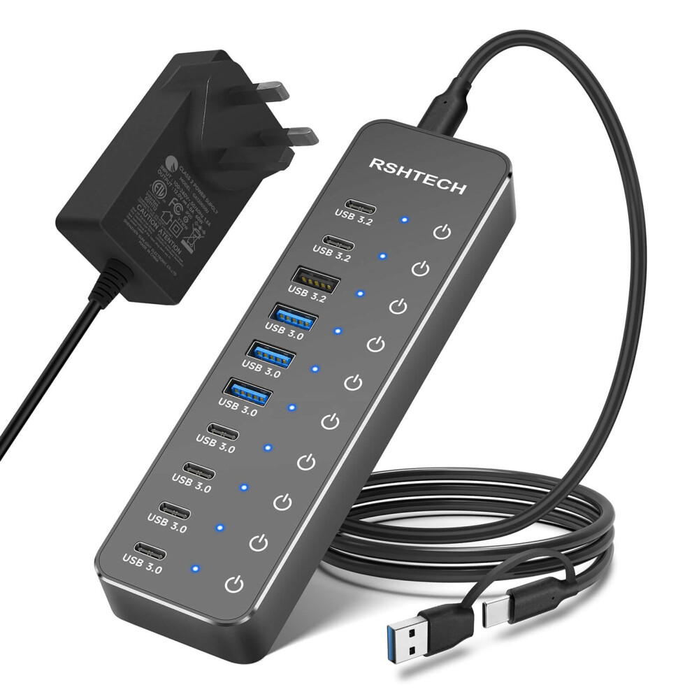 Rshtech Powered Usb C/3.2 Hub 60W, 10 Port Usb Hub With 3X 10Gbps Usb 3.2 Ports (2C+1A), 7X 5Gbps Usb 3.0 Ports (4C+3A), 3.3Ft Usb-C/A Cable And 12V/ 8991695481521