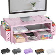 Pygocereri Monitor Stand Riser, Desk Accessories and Organizer with Drawer and 2 Pen Holder, Desk Monitor Riser for Screen, Ergonomic Desktop Stand f