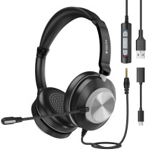 Voistek Wired USB Headset with Microphone for Laptop PC, 3-in-1 Type-C/USB-A/3.5mm Jack, On-Ear Computer Headphones with Noise Cancelling Mic & In-li