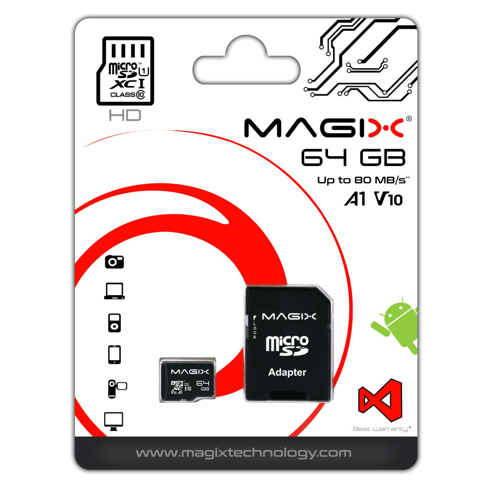 Magix 64Gb Microsd Card Class10 V10 U1, Read Speed Up To 80 Mb/S, Hd Series (Sd Adapter Included) 5007040075581