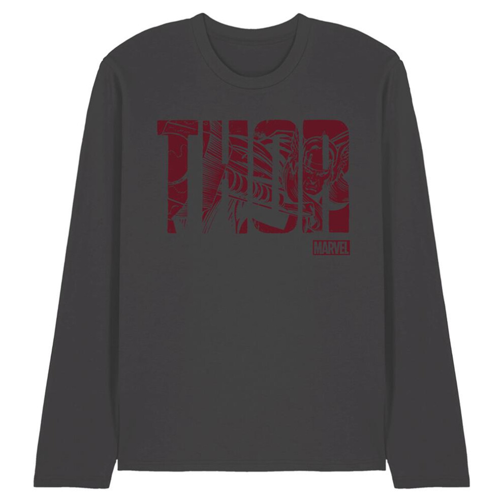Marvel (M, Charcoal) Unisex Adult Thor Text Long-Sleeved T-Shirt Multicoloured