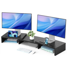 HUANUO Dual Monitor Stand Riser, Adjustable Length & Angle, Wooden Monitor Riser for 2 Monitors, Ergonomic Desktop Organizer with Smartphone Holder f
