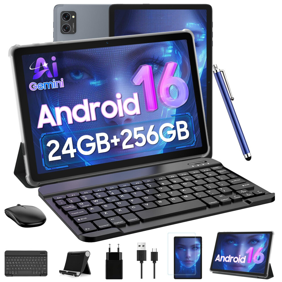 Android Tablets 10 Inch Tablet - Gemini Ai Android 16 Tablets, 24Gb Ram + 256Gb Rom (2Tb Tf), Widevine L1, Fhd, Wifi 6, Bt5.0, Gps, Tablet With Keybo 7348418774612
