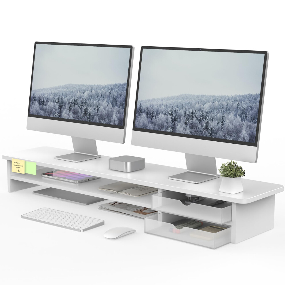 Fenge Dual Monitor Stand Riser With 2 Acrylic Storage Drawers, 108Cm Large Monitor Riser For Pc/Laptop/Fax/Printer/Tv, 2 Tier Wood Board For Desk She 9031631742220