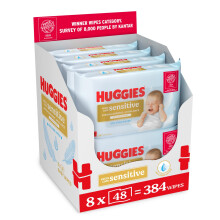 Huggies Extra Care Sensitive Baby Wipes - 8 Pack (384 Wipes) – Plastic Free Wet Wipes, 99% Water, Fragrance Free, Hypoallergenic, Extra Soft Texture