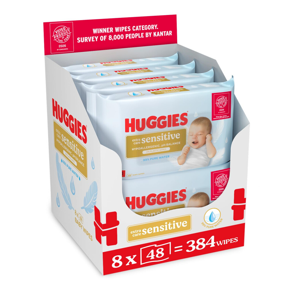Extra Care Sensitive Baby Wipes - 8 Pack (384 Wipes) – Plastic Free Wet Wipes, 99% Water, Fragrance Free, Hypoallergenic, Extra Soft Texture Huggies