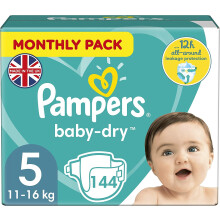 Pampers Baby Nappies Size 5 (11-16 kg/24-35 Lb), Baby-Dry, 144 Nappies, Monthly Savings Pack, Up to 12h of All-Around Leakage Protection