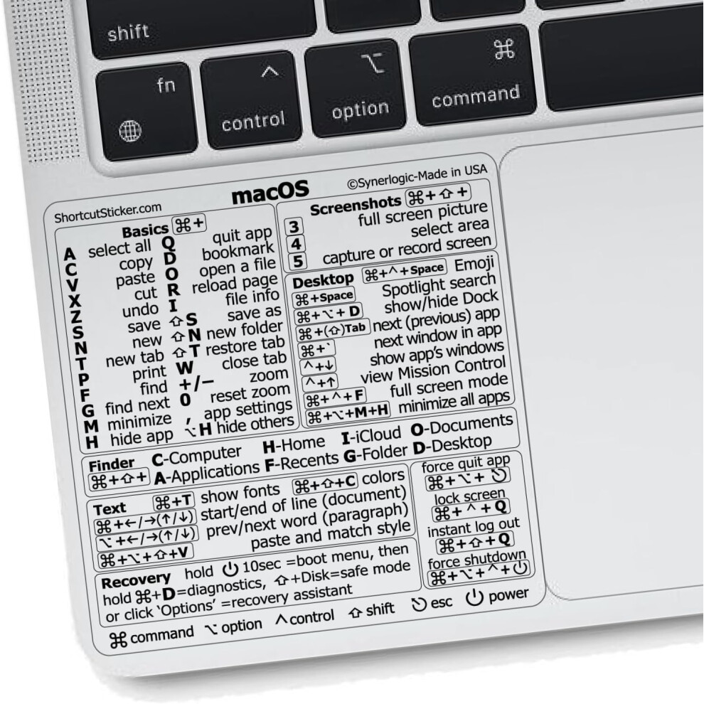 Synerlogic Mac Os Shortcuts Sticker | Keyboard Stickers For Macos | No-Residue Laminated Vinyl Macbook Cheatsheet For Laptop | Macbook Shortcuts 2025 1153167995241