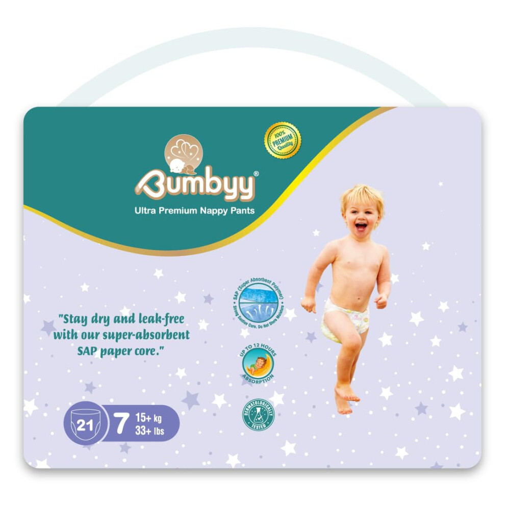 Bumbyy Baby Nappies Pull Ups Size 7 21 Pack – Ultra-Absorbent Leak-Proof Nappy Pants For Sensitive Skin, Hypoallergenic & Dermatologically Tested Wi