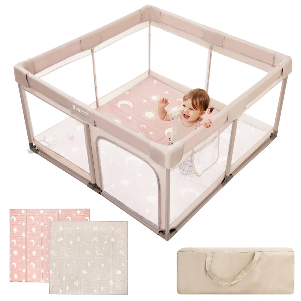 Joypony Baby Playpen With Mat For Toddlers, 127 X 127 Cm Kids Play Pen With Visible Breathable Mesh, Sturdy Baby Fence With Anti-Slip Base, Indoor&Ou