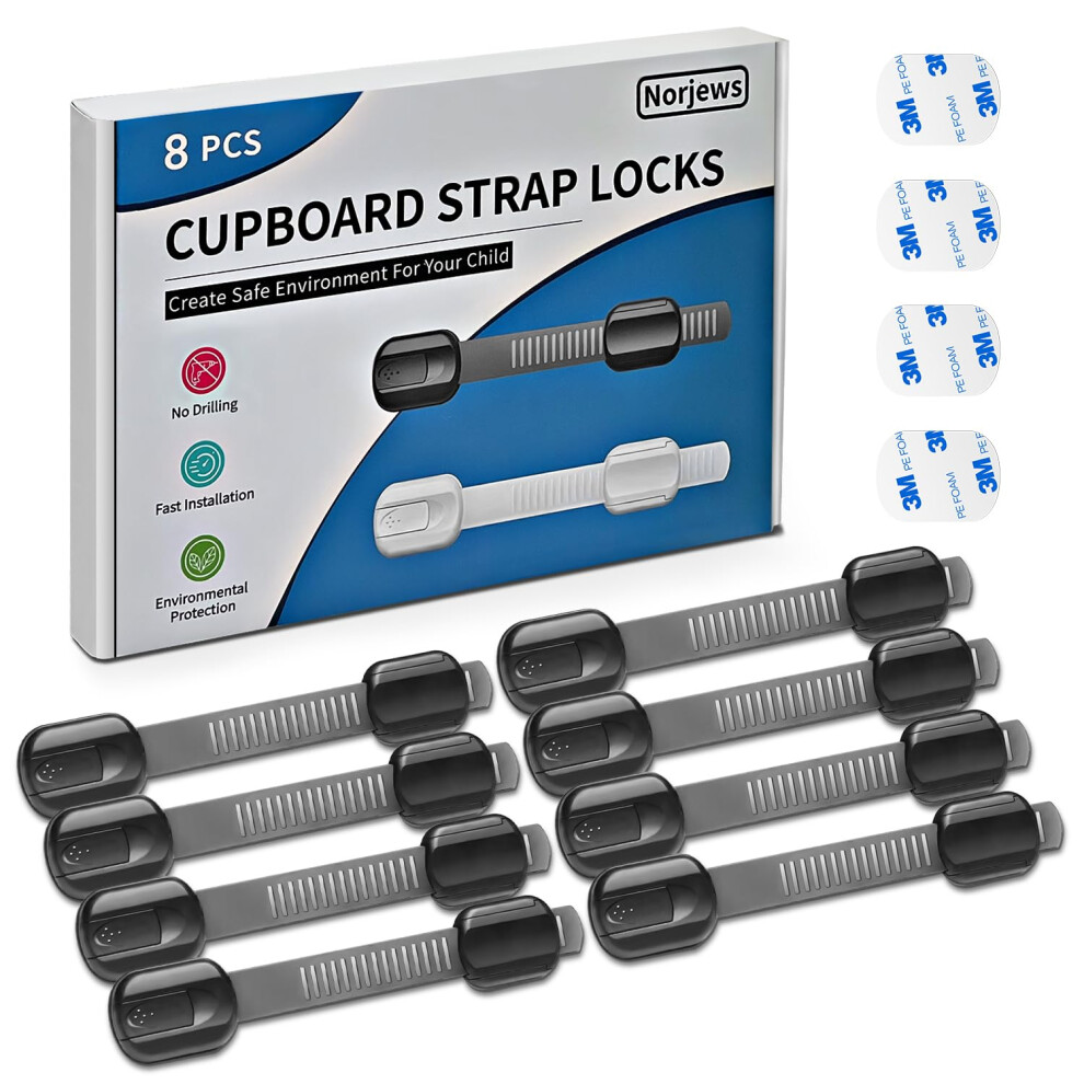 8 Pack Cabinet Locks Baby Proofing, Child Safety Cupboard Locks, Child Safety Straps For Cabinets Drawers Toilet Fridge, Adjustable With No T Norjews