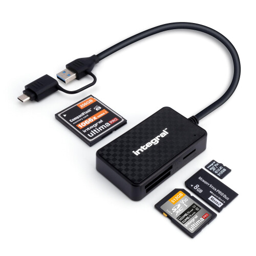 Integral 4in1 Memory Card Reader, USB 3.0 & USB C Adapter to microSD, SD, Compact Flash, MS Duo/Pro - For iPhone 15/16 Plus/Pro/Pro Max, MacBook Pro/