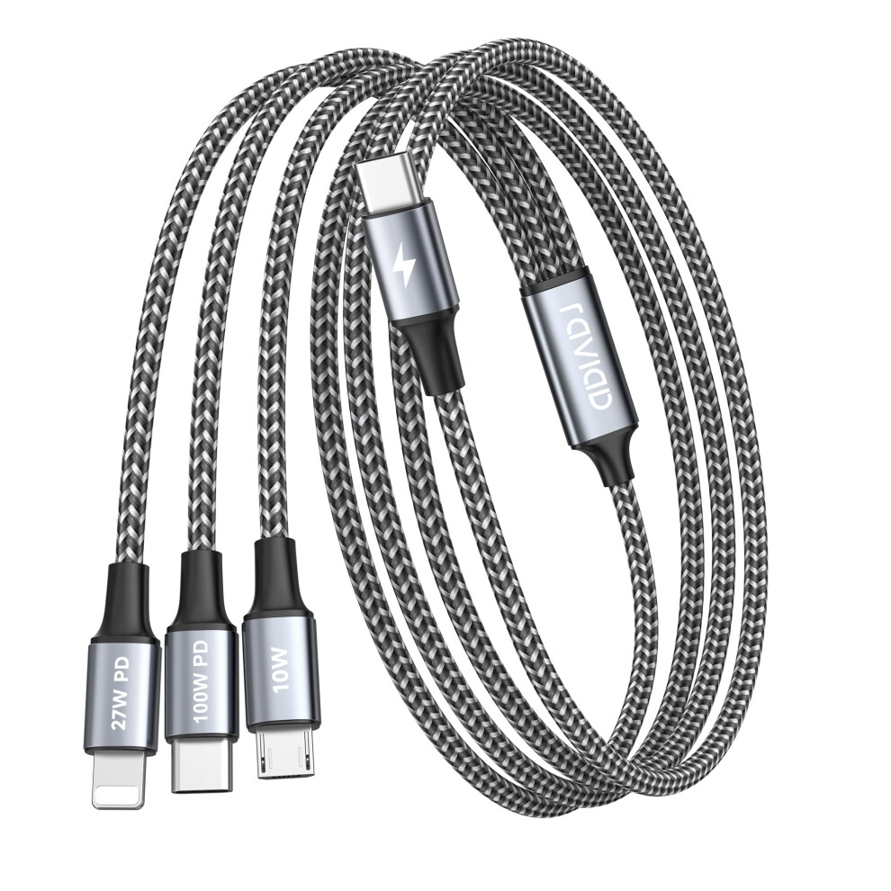Raviad 100W Usb C Multi Charger Cable [1.2M] 3 In 1 Fast Charging Cable With E-Mark Chip, Usb C Pd [100W]+Lightning[27W]+Micro[10W] For Galaxy S24/S2 5001220628475