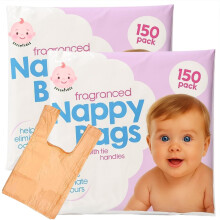 Fragranced Nappy Disposable Bags 2 x 150 pcs with Tie Handle | Antibacterial Nappy Sacks | Leakproof Bags | Essentials for Newborn and Young Babies |
