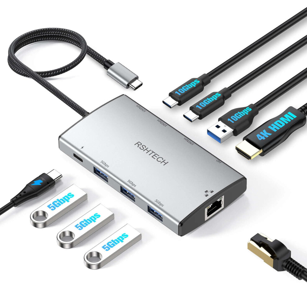 Rshtech Usb-C Hub 10Gbps, 9-In-1 Usb C Multiport Adapter With 1Gbps Ethernet Adapter, 4K Hdmi, 3X Usb3.2 Ports, 3X Usb3.0 And 100W Pd, Usbc Dock For 7636913359008