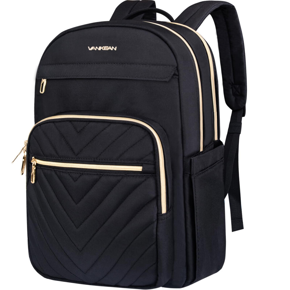 Vankean 17.3 Inch Laptop Backpack For Women Men Work Laptop Bag Fashion, Waterproof Backpacks Nurse Stylish Travel Bags Casual Daypacks For College, Black/Gold 1379057685607