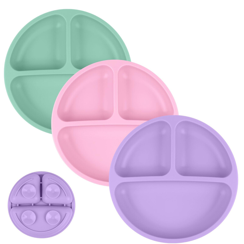 Baby Suction Plate, 3Pcs Silicone Baby Suction Plates, Non Slip Silicone Toddler Weaning Plate, Divided Dishes For Toddler Kids Self Feeding, Vicloon