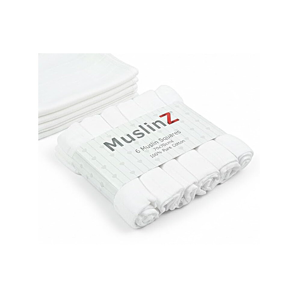 Muslinz White Baby Muslin Cloths, Baby Burp Cloths, Baby Muslins, Baby Diaper Cloths, 100% Pure Cotton, Newborn Baby Essential (6 Pack - 70X70cms)
