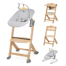 Kinderkraft ENOCK Wooden Highchair + Baby Bouncer CALMEE, Multifunctional Baby Chair, Ajustable Heigh and Footrest, Safety Harness, with Detachable T