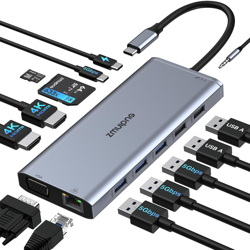 Docking Station Dual Monitor For Dell Hp, Thunderbolt 3/4 Dock Usb C Hub Multiport Adapter Triple Monitor To 2 Hdmi 4K,Vga,Ethernet,5 Usb,Pd,Sd/Tf,3. 7546726416013