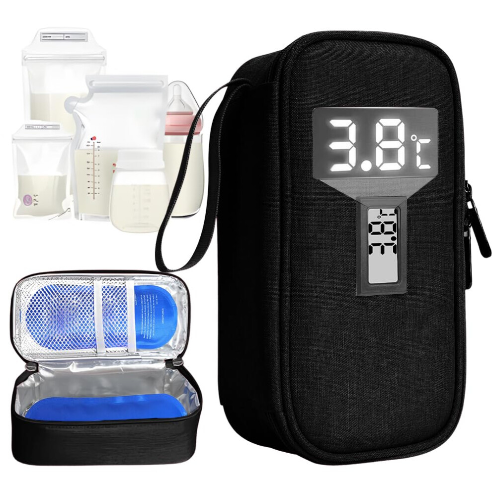 Breastmilk Cooler Bag, Breast Milk Cooler Travel Case With Temperature Display & 2 Reusable Ice Packs, Breastmilk Storage Bag For Daycare, Wor Jonuin