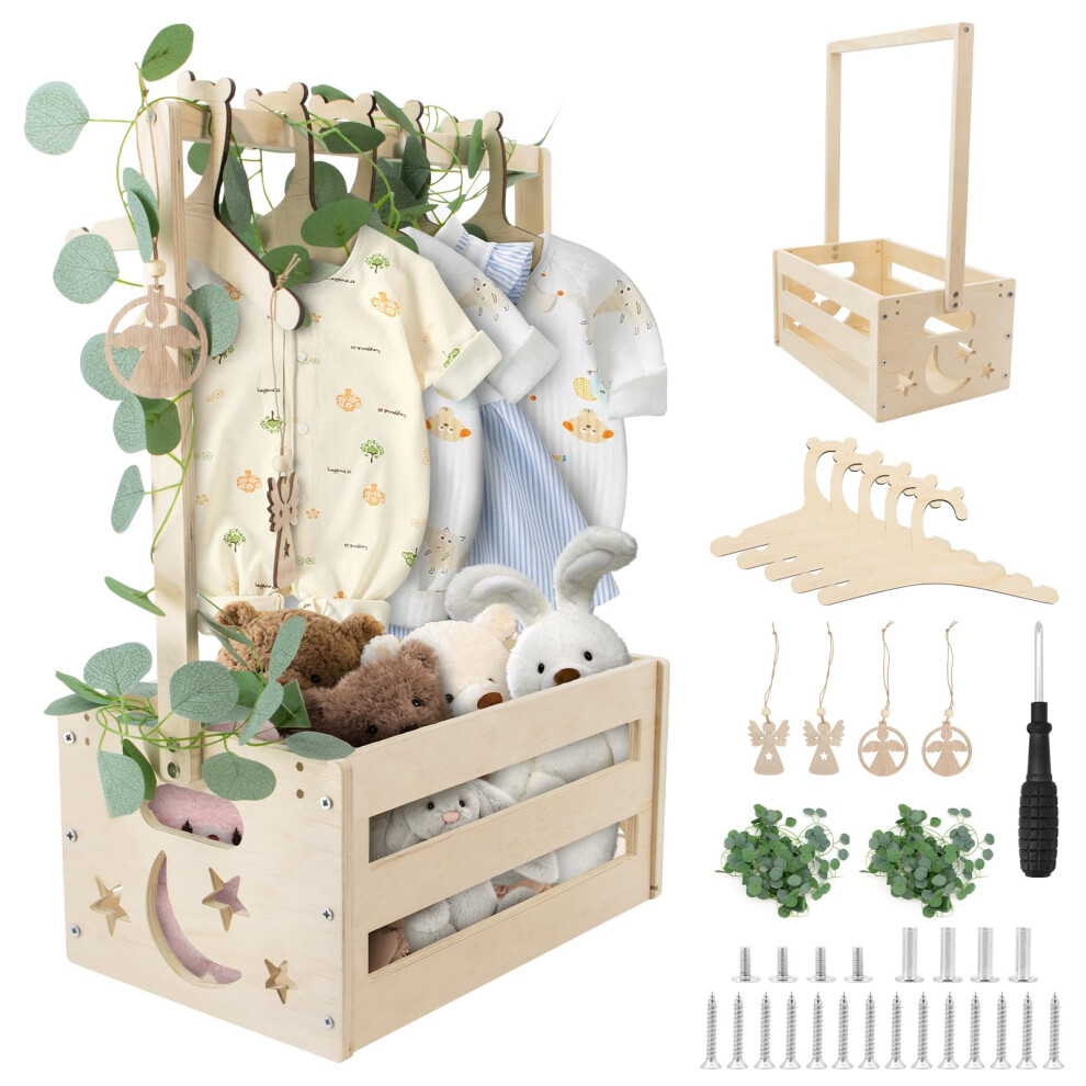 Wooden Baby Shower Crate Closet, Wooden Baby Hamper Basket With Hangers Decorative Leaves Tags, New Born Shower Crate Closet For New Parents P Zocone