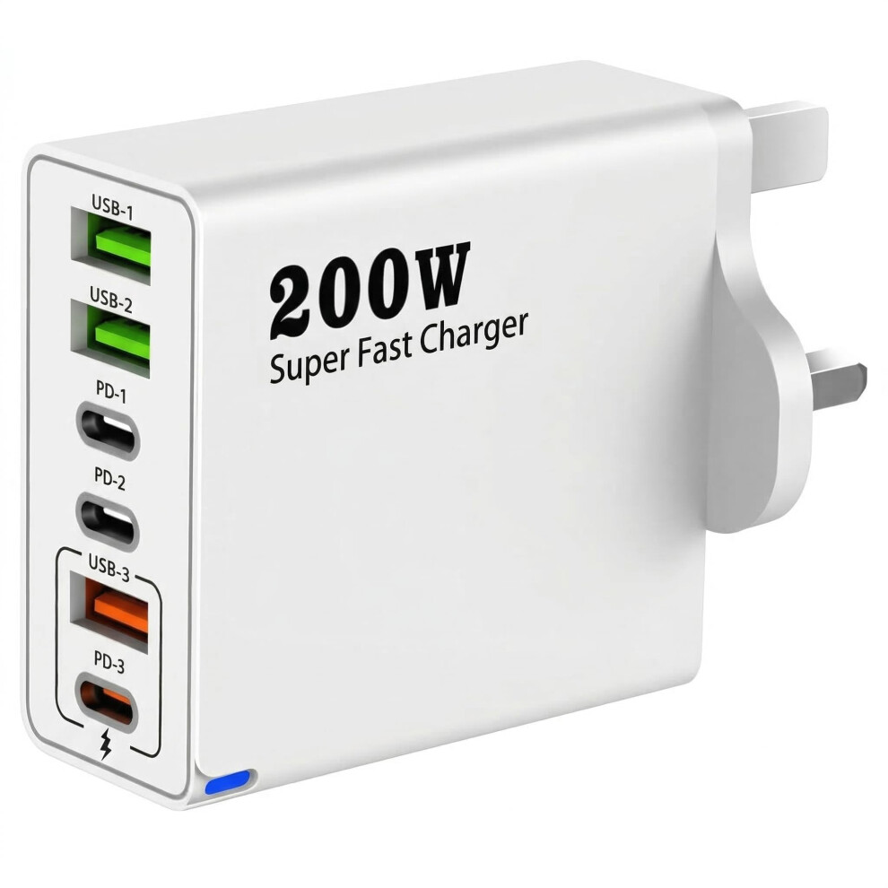 200W Usb C Charging Station, 6-Port Multi Usb Charger Fast With Pd 100W/65W/45W/20W Fast Charging Multi Charger Usb Plug Uk Compatible With Phone, Ta 4013399211984