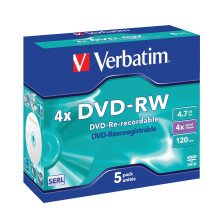 Verbatim DVD-RW 4.7 GB - 4x Burning Speed, Long Service Life, Scratch Protection, Matt Silver, Jewel Case, 5-Pack