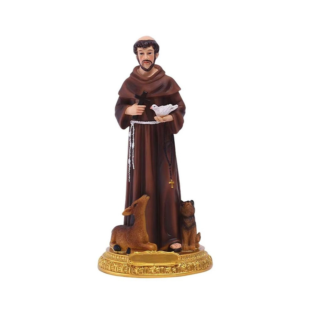 Semoic St Francis Statue Hand Painted Resin Statue Figurine With Doves Crosss Desktop Sculpture Ornament Christmas Gift Home
