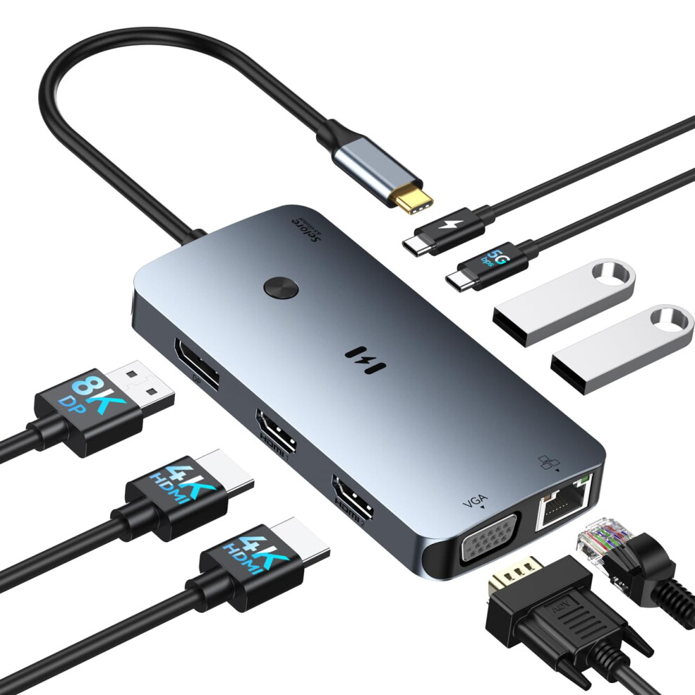 Usb C Docking Station 3 Monitor With 2 Hdmi 4K@60Hz, Displayport 8K@30Hz, Vga, Laptop Docking Station Dual Monitor Triple Display With 3Xusba & C 3.0 4923634967517
