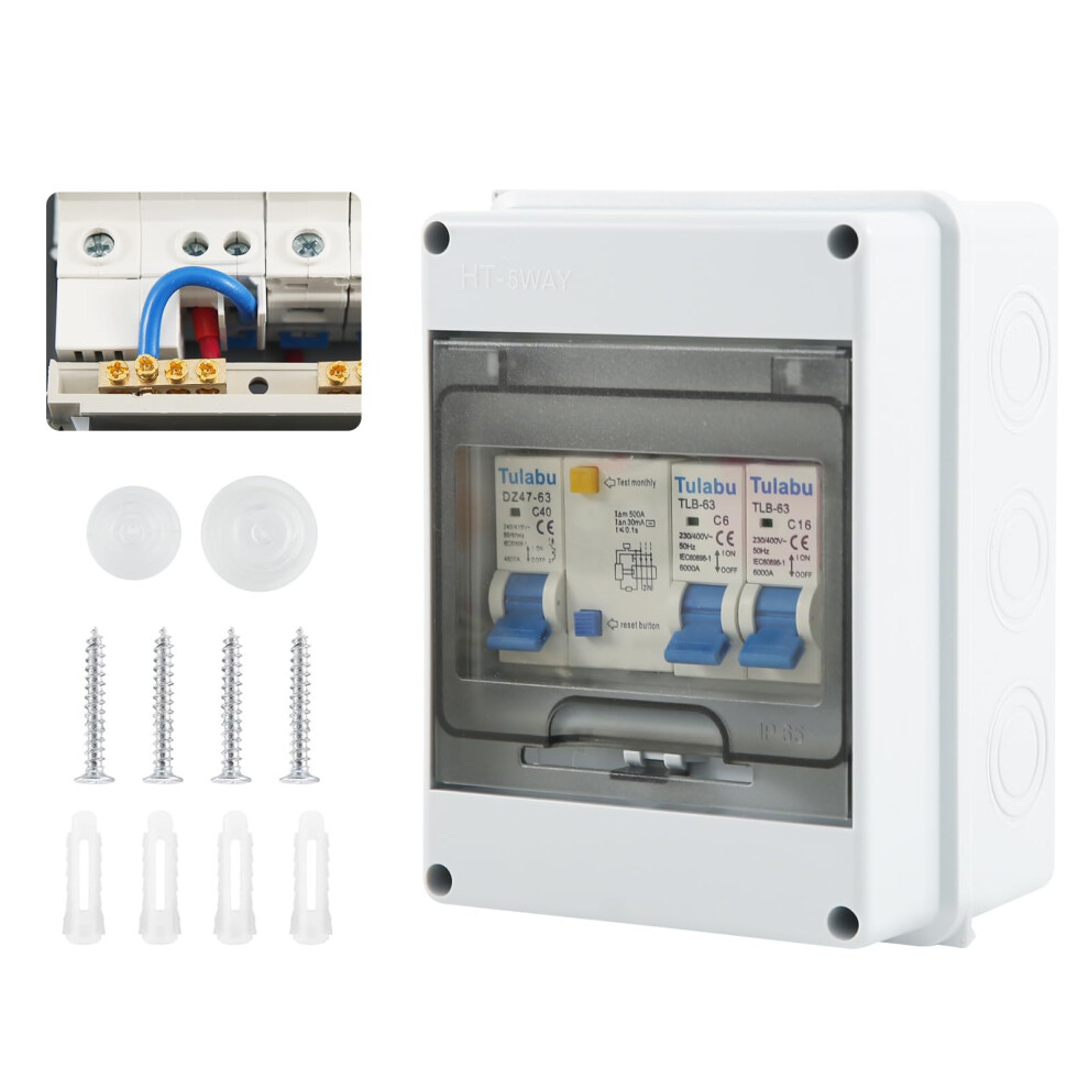 2 Way Consumer Unit Circuit Breaker, Garage Unit With Assembly Tool, 40A 30Ma Rcd 2Mcb 6A+16A, Ip65 Anti-Leakage Fuse Box For Garages Caravans Worksh 7678987639822