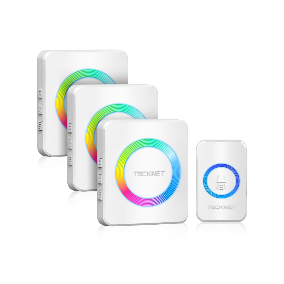 Tecknet Wireless Doorbell 3 Receivers, Door Chime Kit With Rgb 400M/1300Ft Wireless Range, Ip65 Waterproof Door Bell, 60 Chimes & 5 Level Volu Light