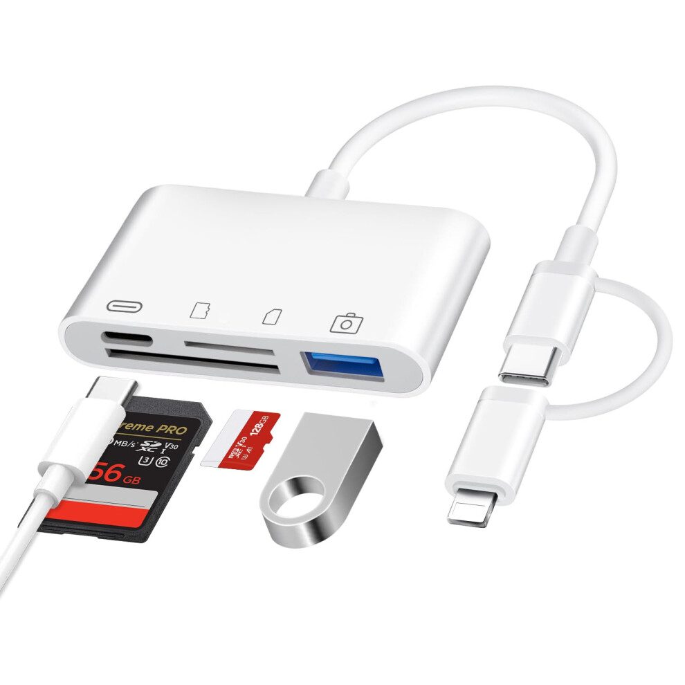 Sd Card Reader For Iphone, Dual Connector Lightning Usb C To Sd Microsd Card Viewer Camera Memory Card Reader With Charging & Usb Port Usb C To Sd Ca 8691487332719