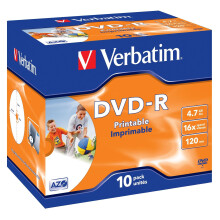 Verbatim DVD-R AZO 4.7 GB - 16x Burning Speed, Printable, Jewel Case, 10-Pack, Silver