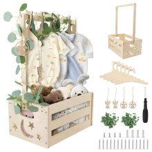 ZOCONE Wooden Baby Shower Crate Closet, Wooden Baby Hamper Basket with Hangers Decorative Leaves Tags, New born Shower Crate Closet for New Parents P